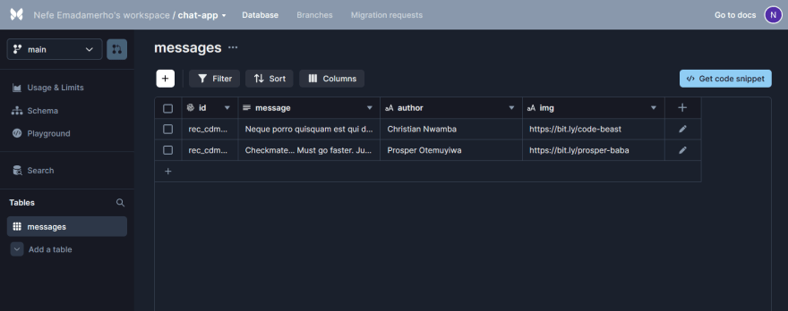 creating the messages records