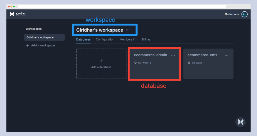 Preview of workspace and database in Xata