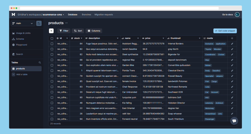 Xata database with randomly generated data