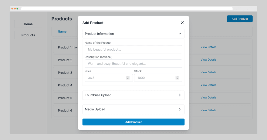 Form for creating a new product inside the database