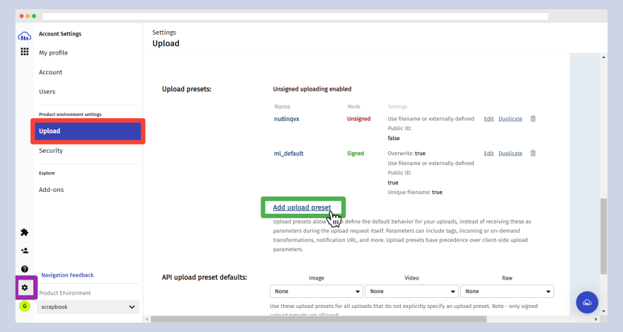 Adding a new upload preset inside Cloudinary