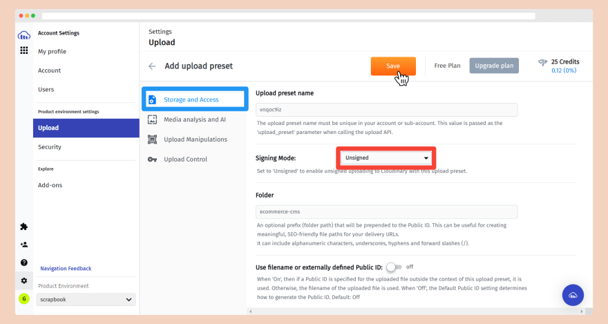 Configuring the new upload preset inside cloudinary