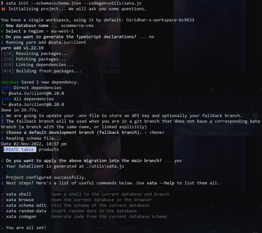 Xata database creation process in CLI