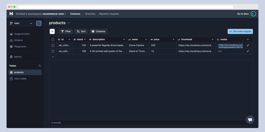 Xata database records created using the UI