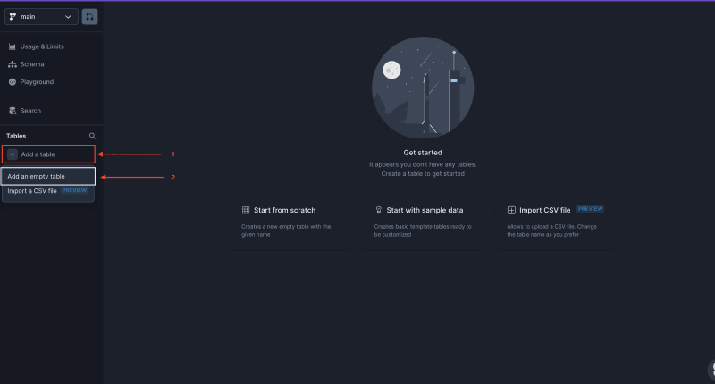 Create database table on Xata