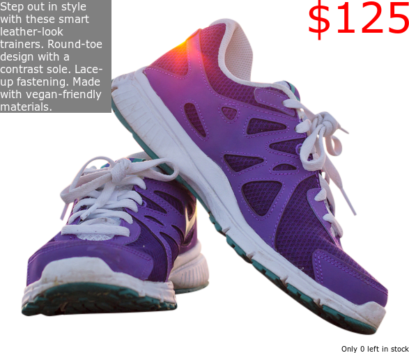 Image of shoes with product description on the top left and price on the top right