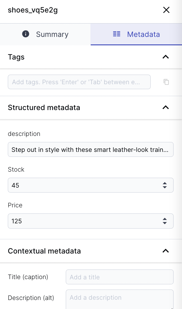Metadata values of the shoes