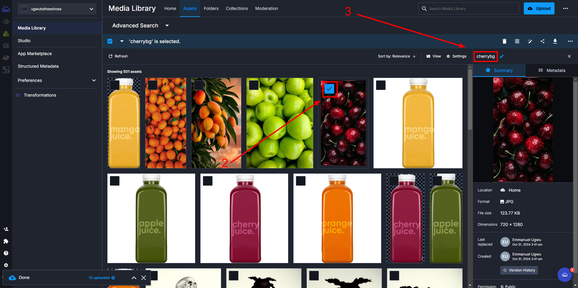 The Media Library with the image of "cherrybg" selected