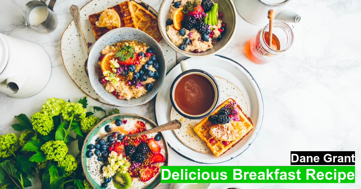 A delicious breakfast spread with an author name and title overlayed