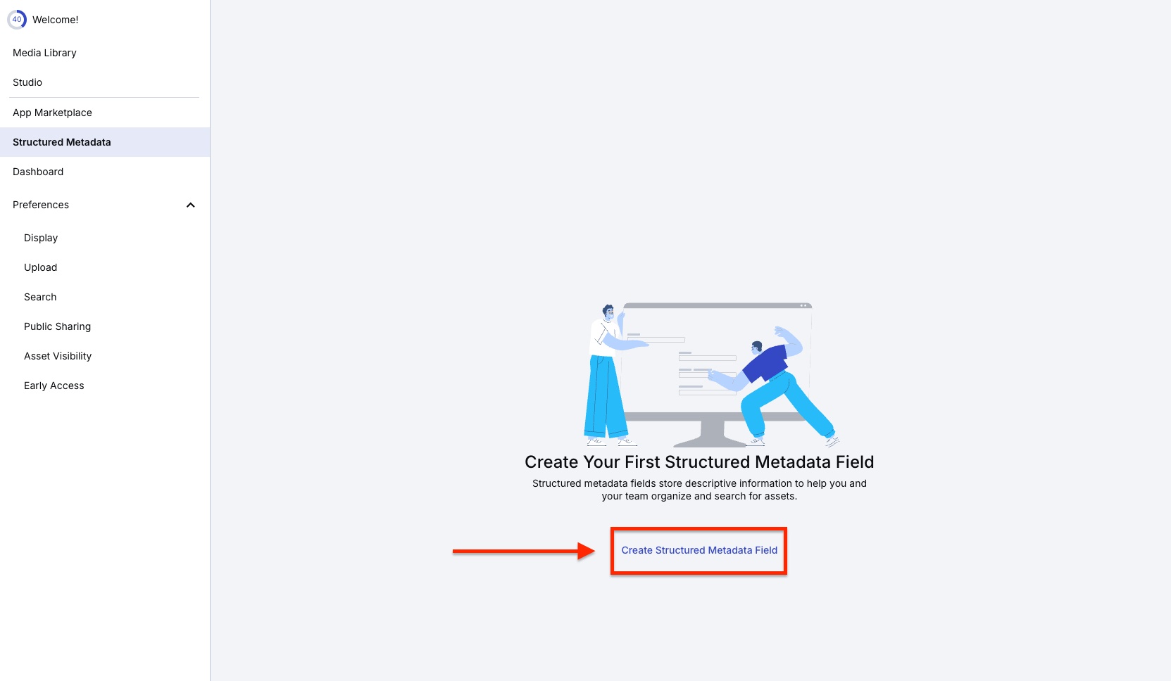 In Structured Metadata, Create Structured Metadata Field is outlined in red.