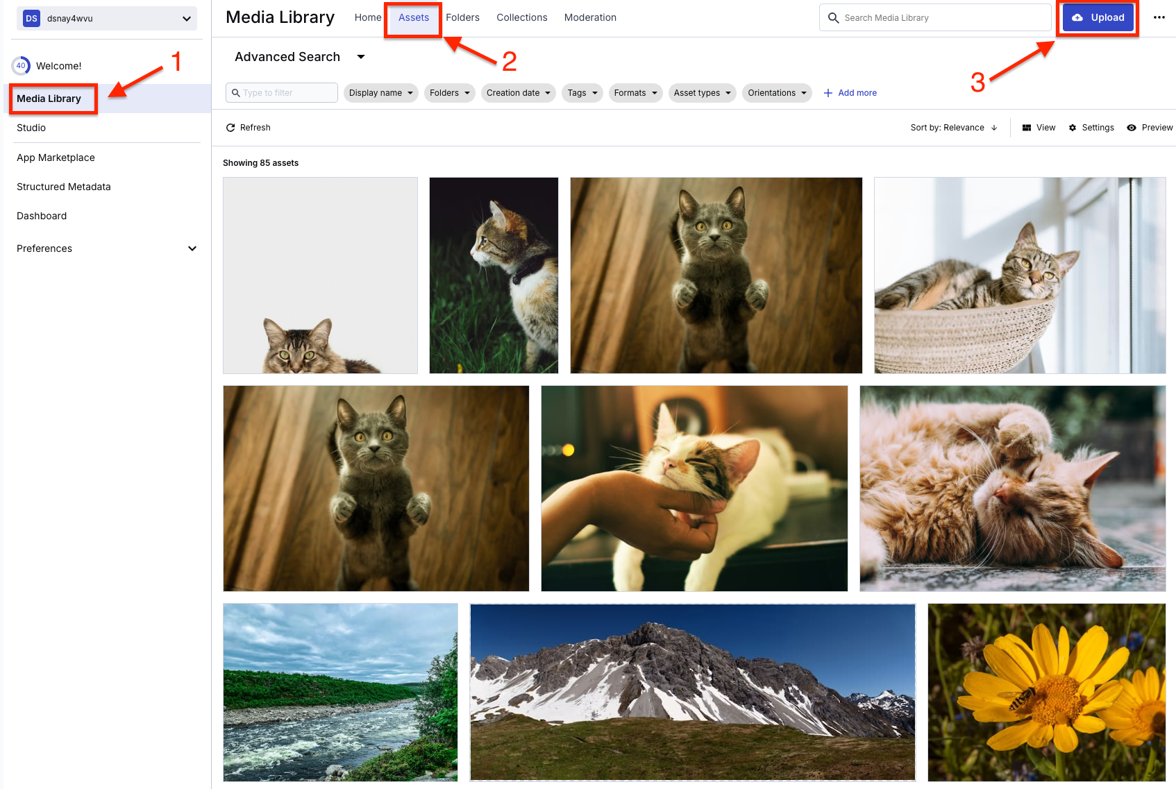 Cloudinary dashboard. Media Library, Assets, and Upload tabs and buttons are outlined in red.