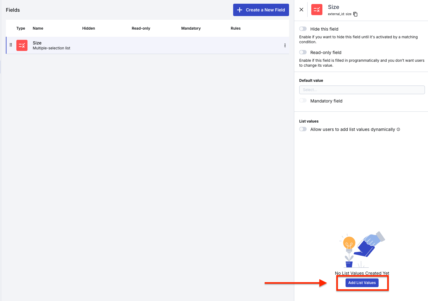 Add List Values is outlined in red.