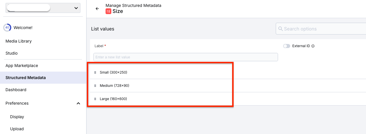 Structured Metadata options (Small, Medium, and Large) are outlined in red.