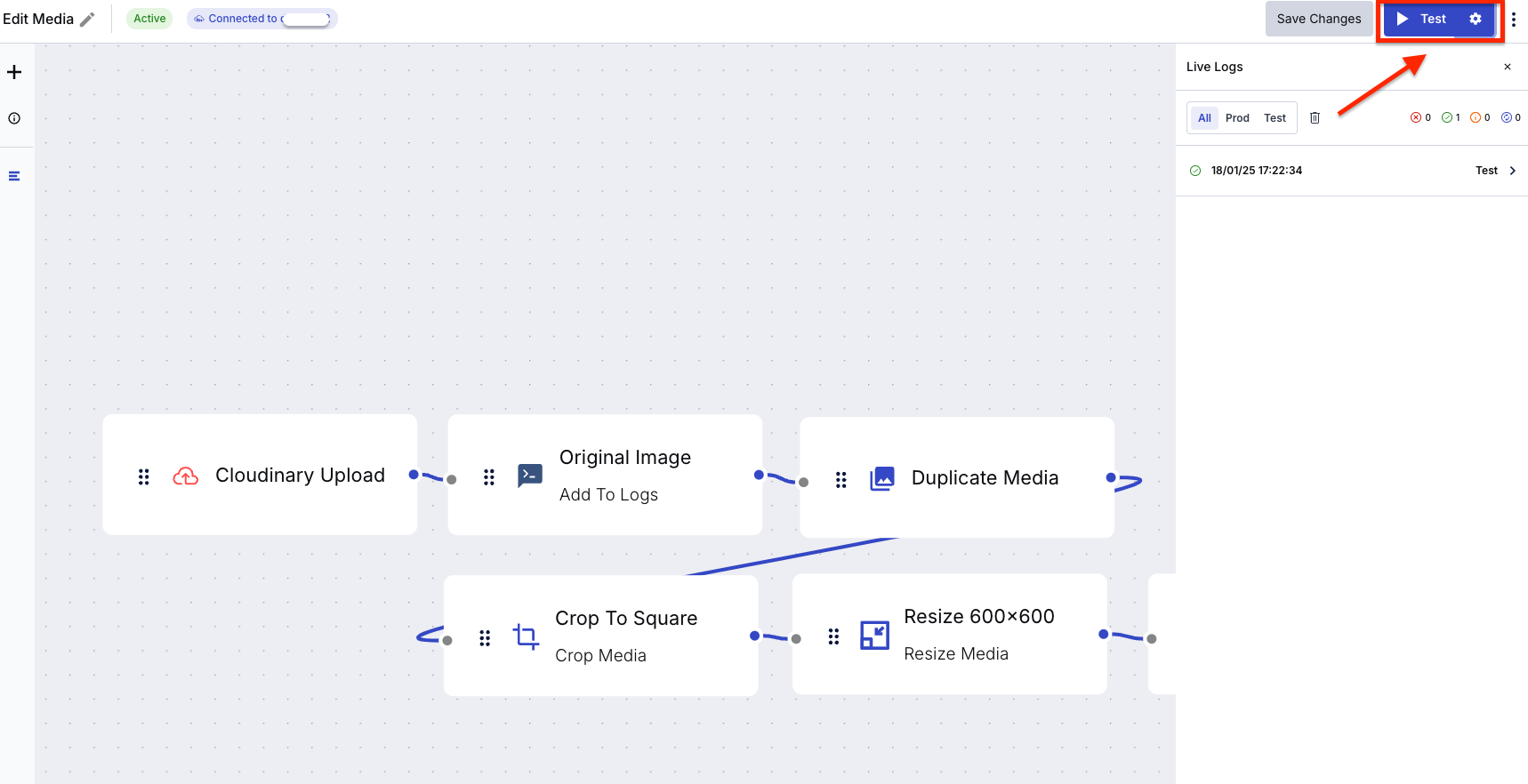 The Test button at the top right.