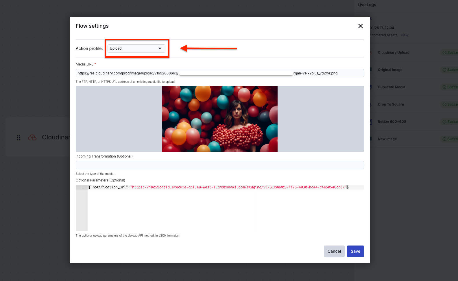 Action profile with Upload selected.