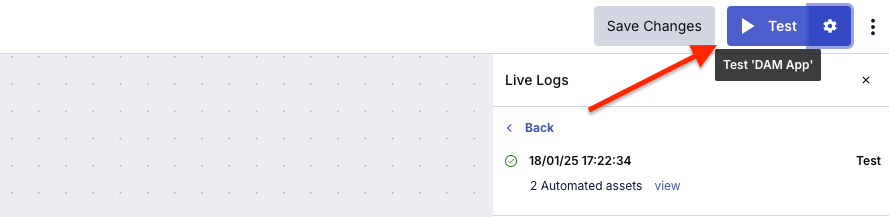 A red arrow pointing at the Test button on the top right.