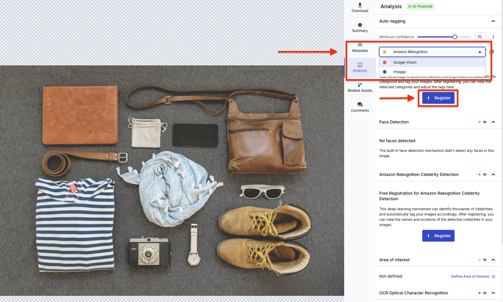 Amazon Rekognition, Google Vision, and Imagga are options for AI tools. Register button is underneath them.