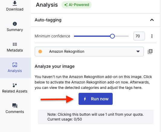 Run now button under Analyze your image.