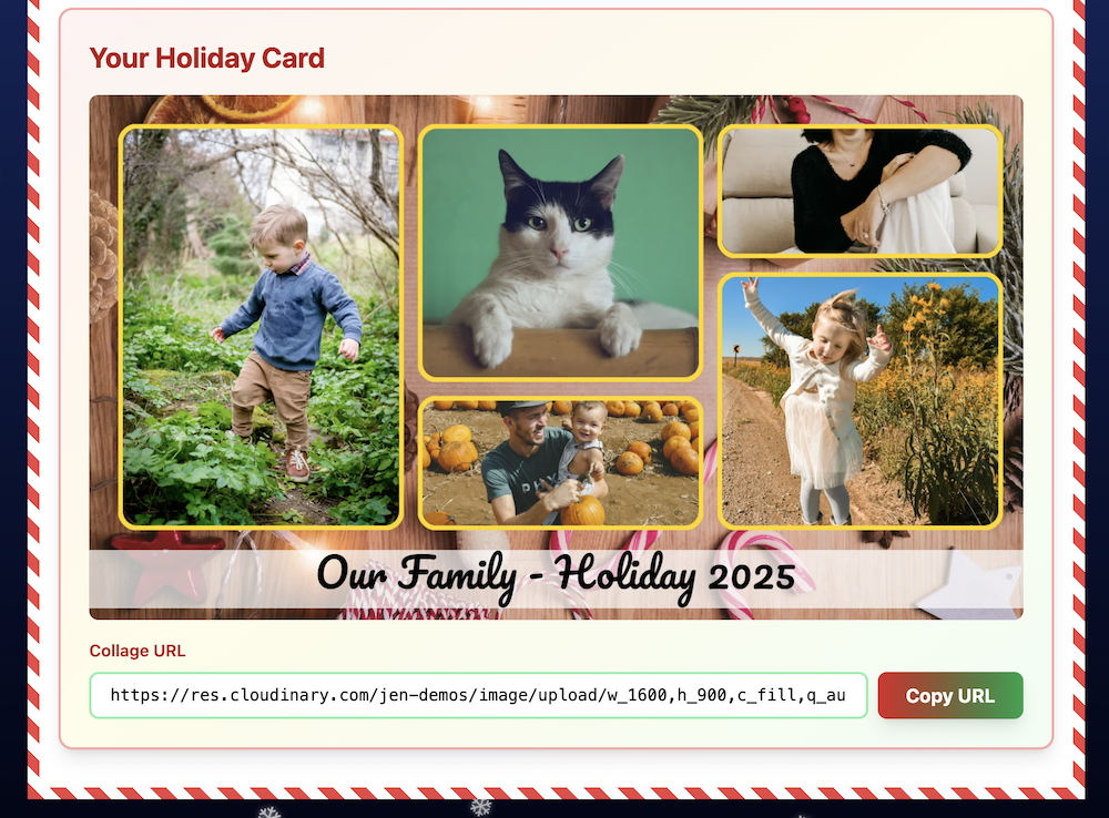 Holiday Card with a collage of five different images. The collage URL is at the bottom.