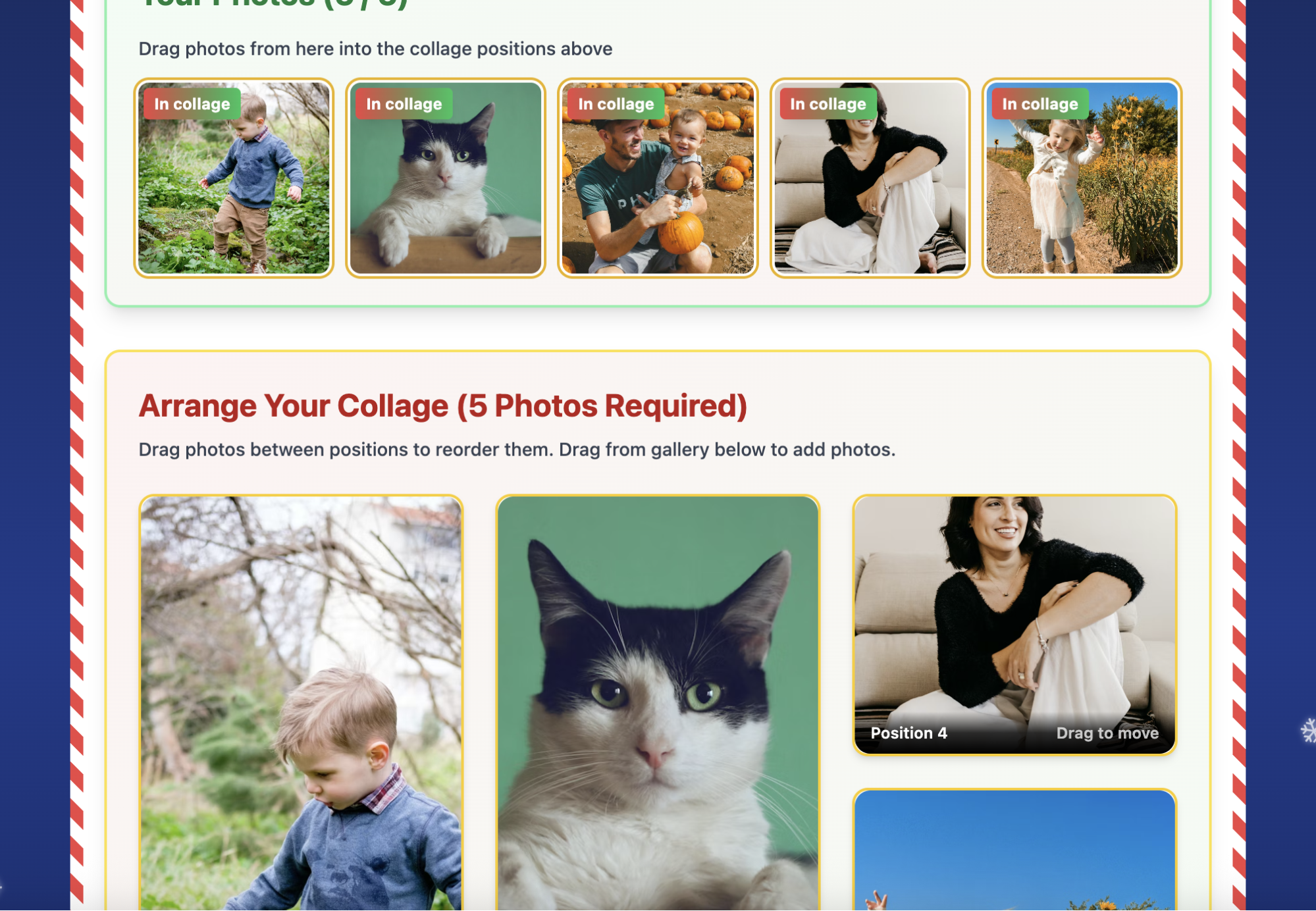 Generated holiday card with the five photos displayed in a collage format. The title of the card is displayed at the bottom: Our Family - Holiday 2025.