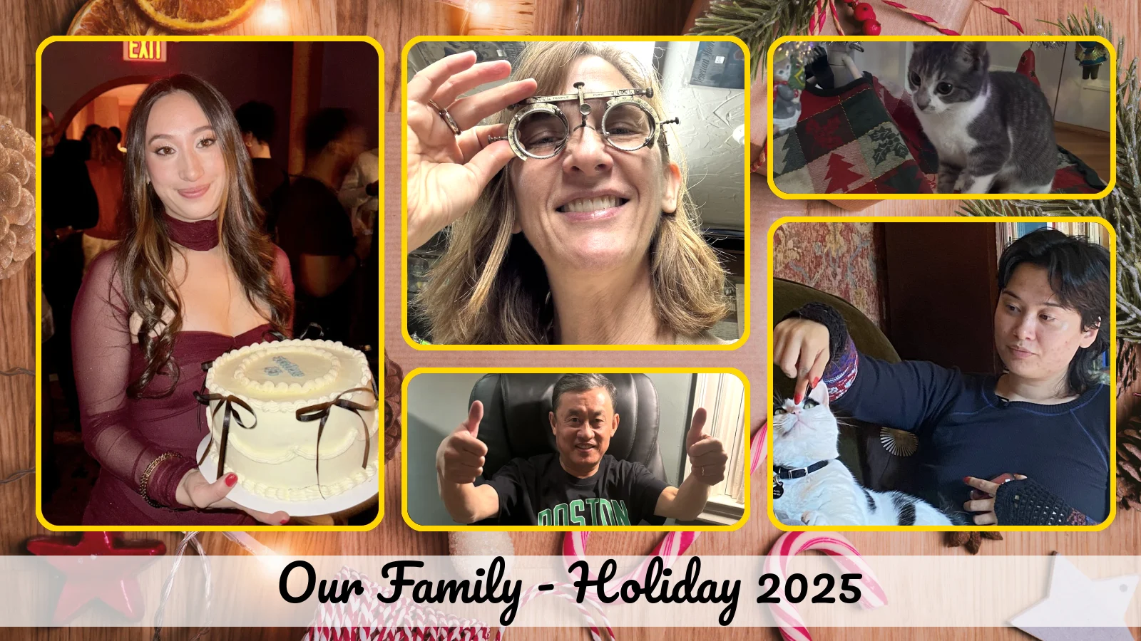 Generated holiday card with the five photos displayed in a collage format. The title of the card is displayed at the bottom: Our Family - Holiday 2025.