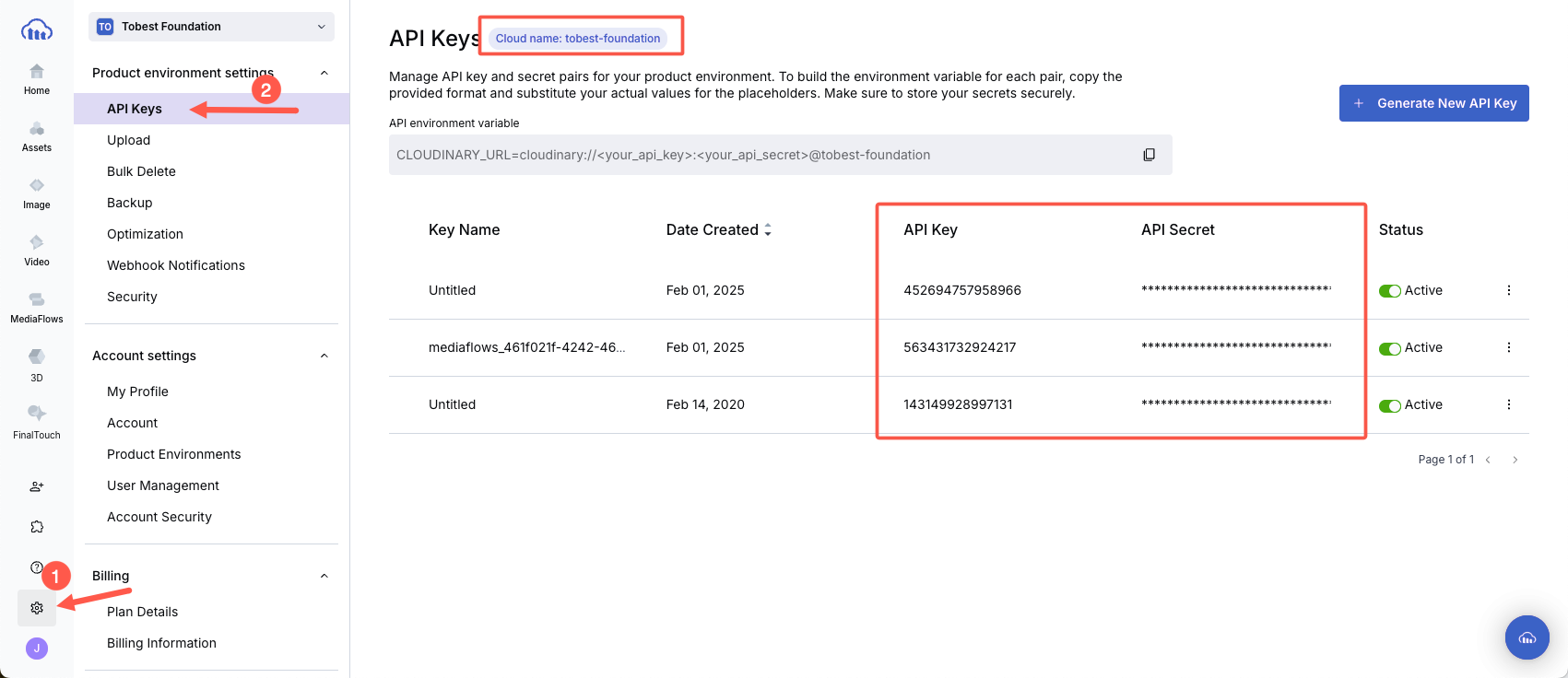 Cloudinary dashboard: Under settings, you can find your cloud name, API key, and API secret.