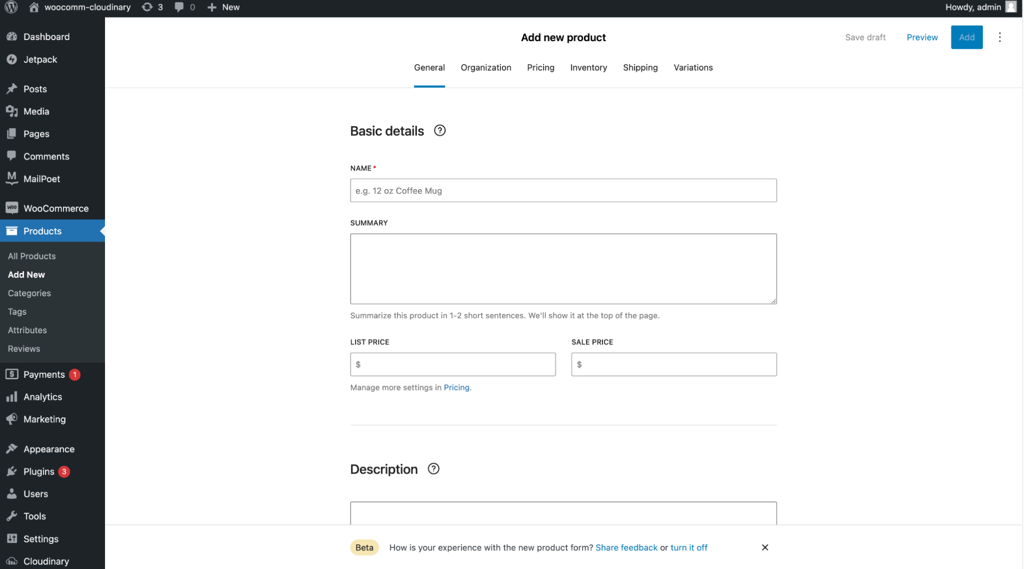 Add new product in the Products section