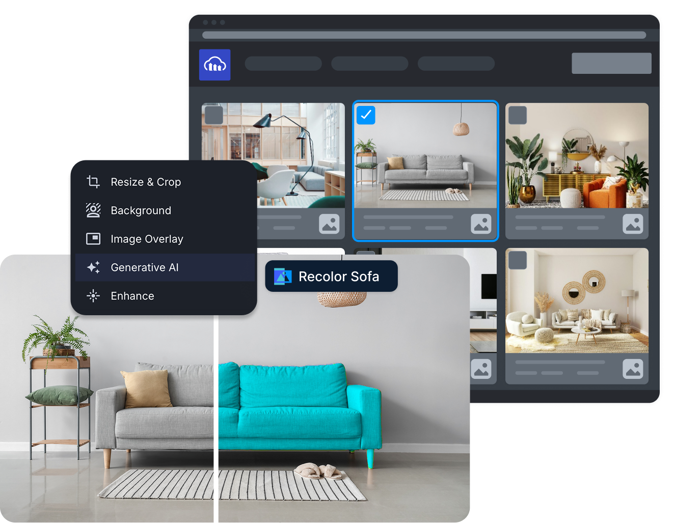 Cloudinary interface with AI-powered image editing and before and after preview