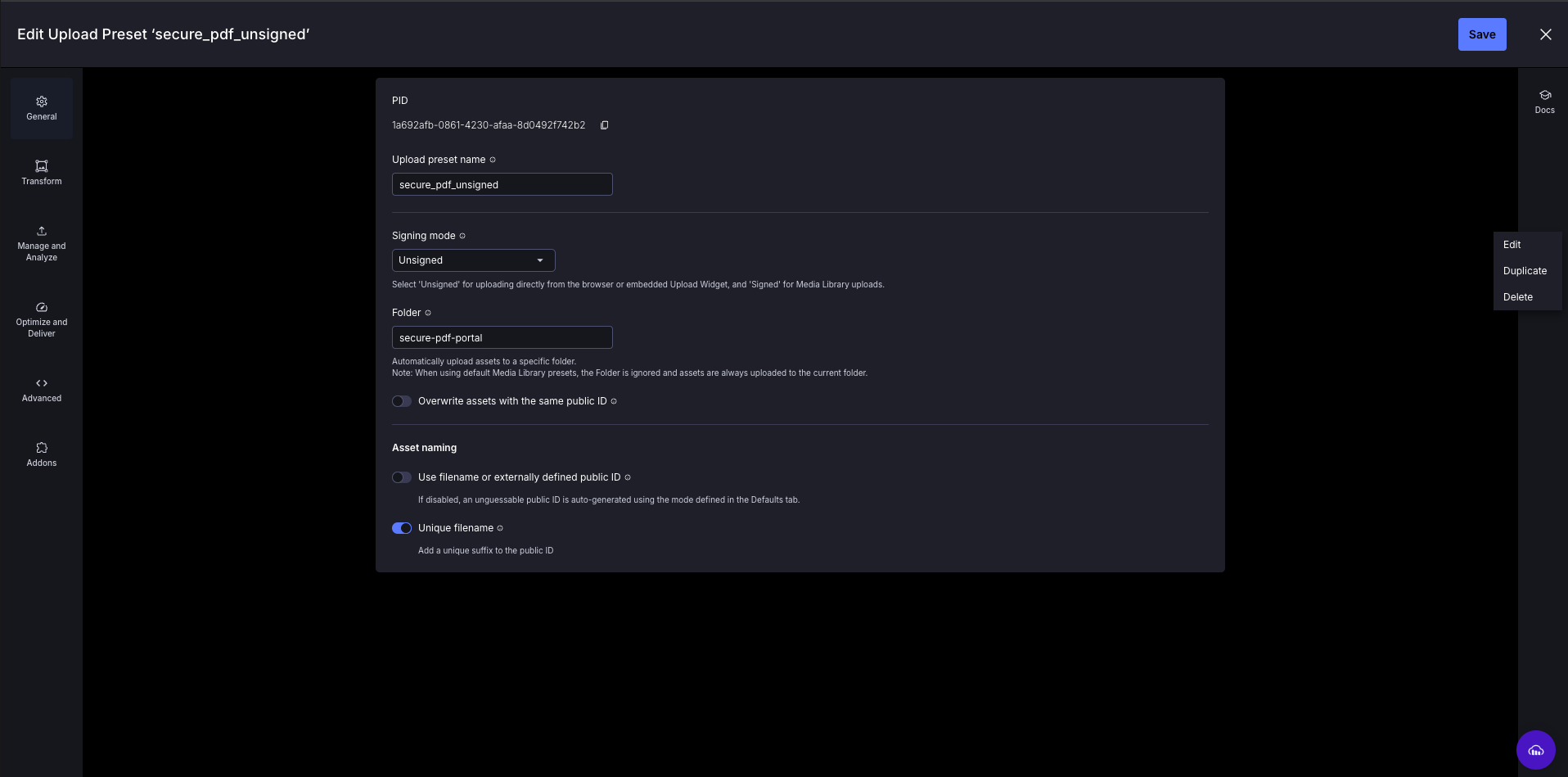 the preset configuration
