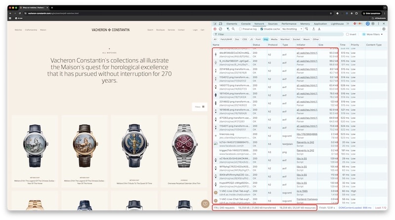 A gallery of watches with a display of file format and size for each.