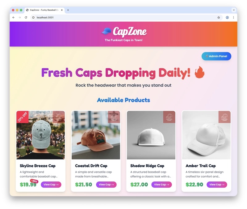 A web app built called CapZone, which shows available products (caps).