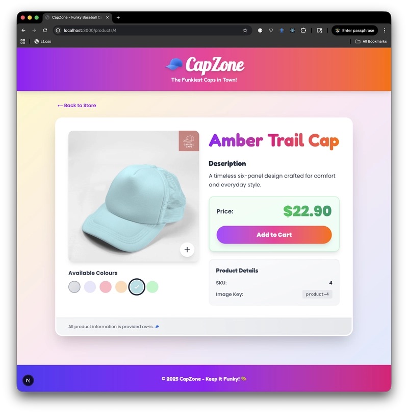 CapZone store showing the product description for Amber Trail Cap.