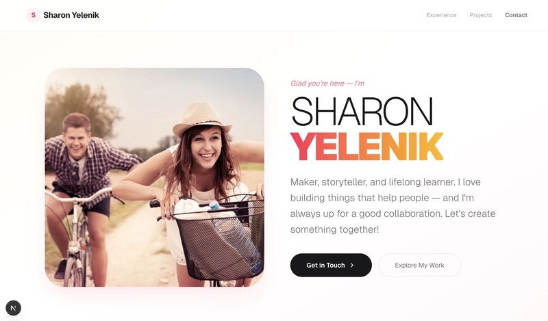 A hero section of Sharon Yelenik's website. It contains an introductory paragraph and 2 CTA buttons (Get in Touch and Explore My Work).