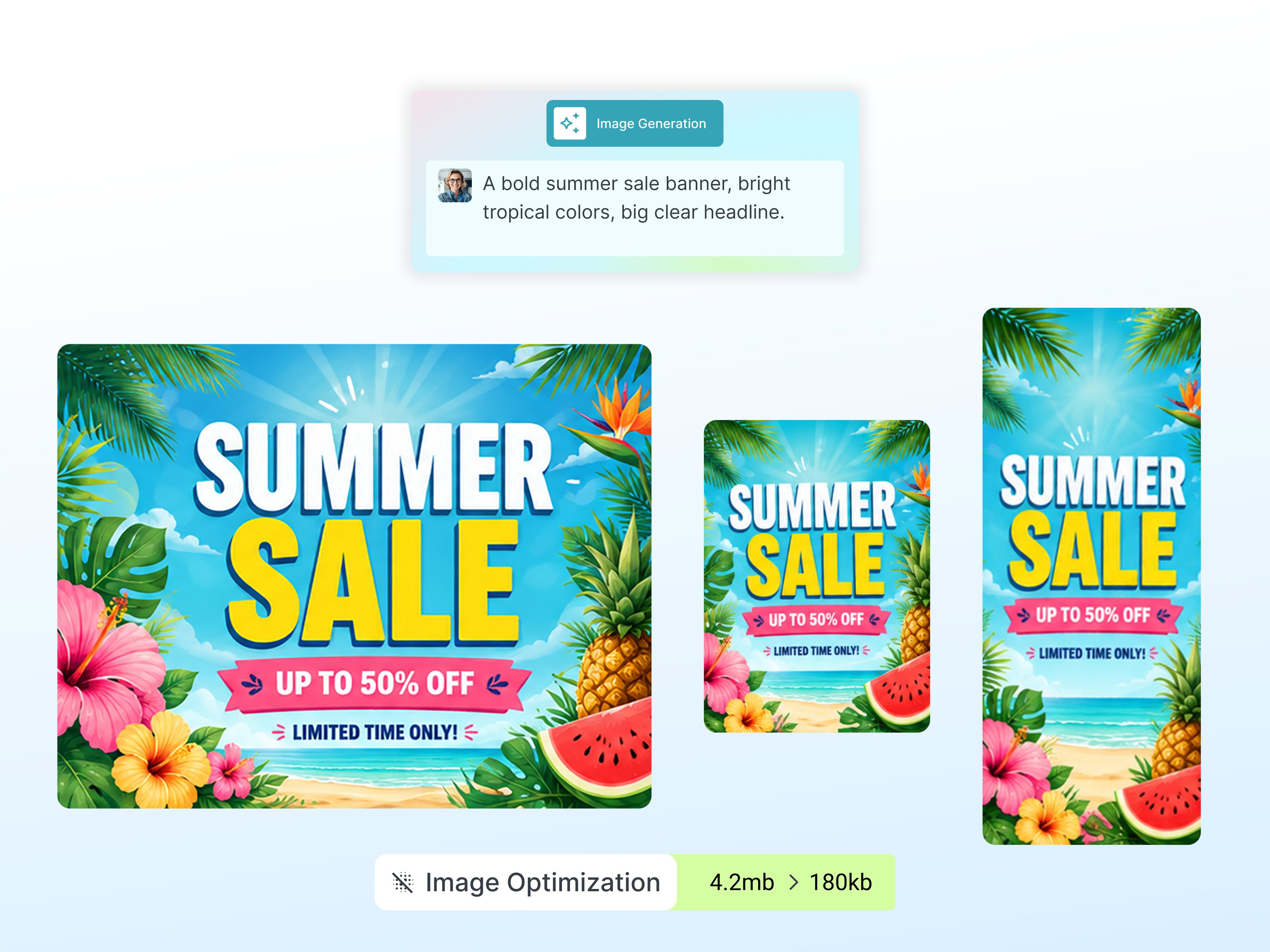 Cloudinary Image Generation: 3 different sizes of a Summer Sale ad are optimized.