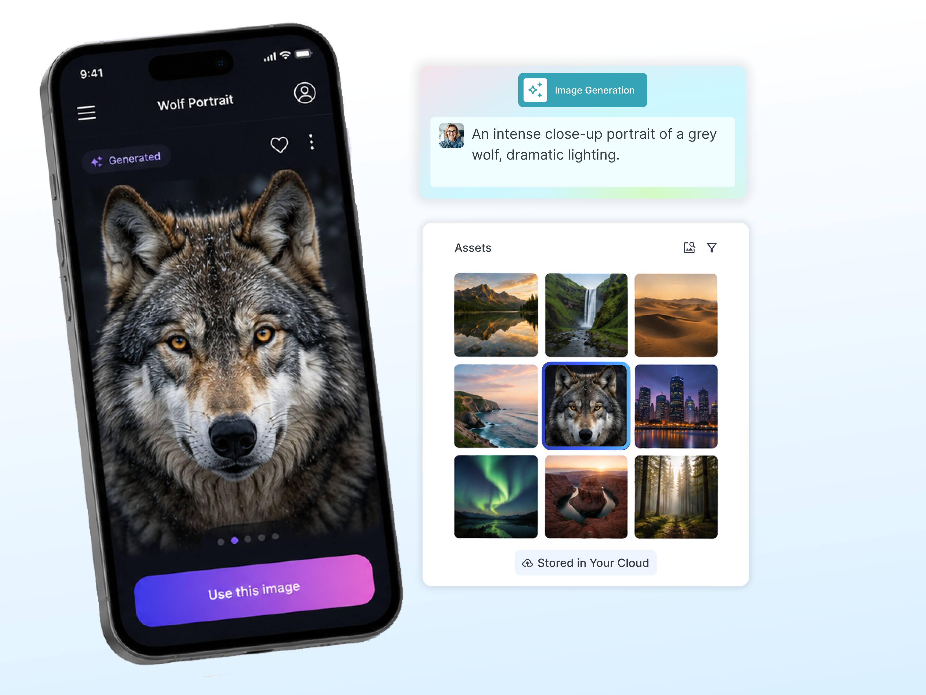 Cloudinary Image Generation: A portrait of a grey wolf in the assets folder is selected and can be used.