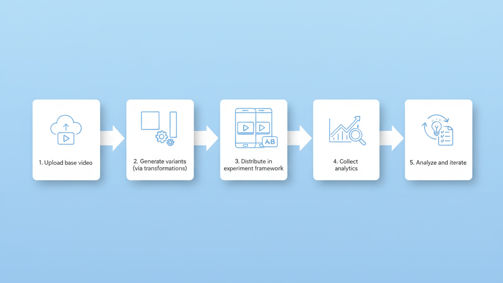 Flow chart: Upload base video, generate variants, distribute, collect analytics, analyze and iterate.