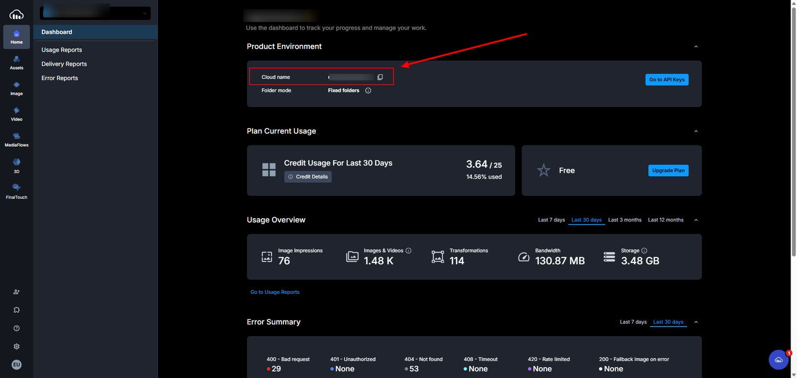 Cloudinary dashboard with the cloud name location highlighted.