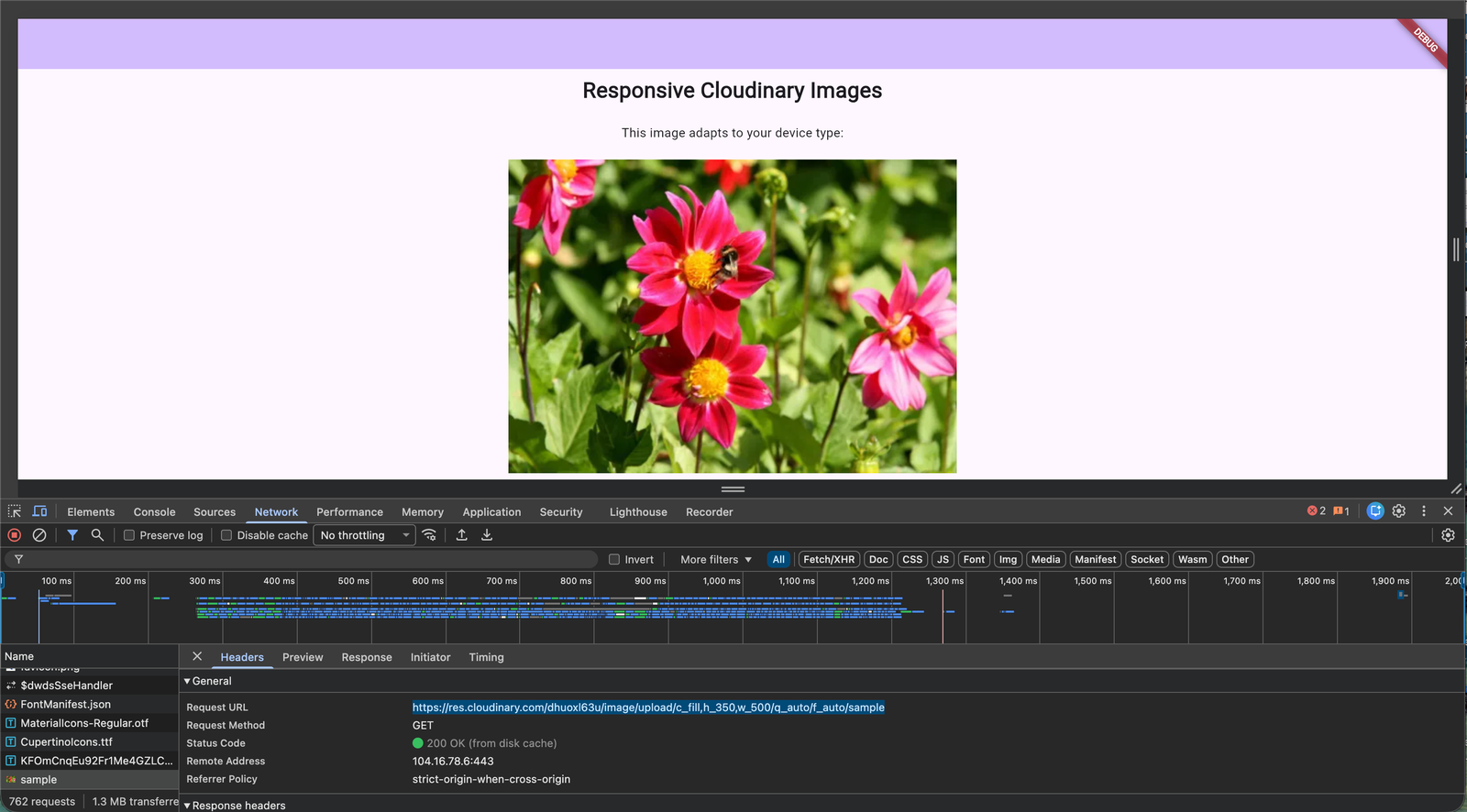 Flutter app with rendered image, alongside the browser DevTools/network inspector showing the Cloudinary URL with transformation parameters visible.