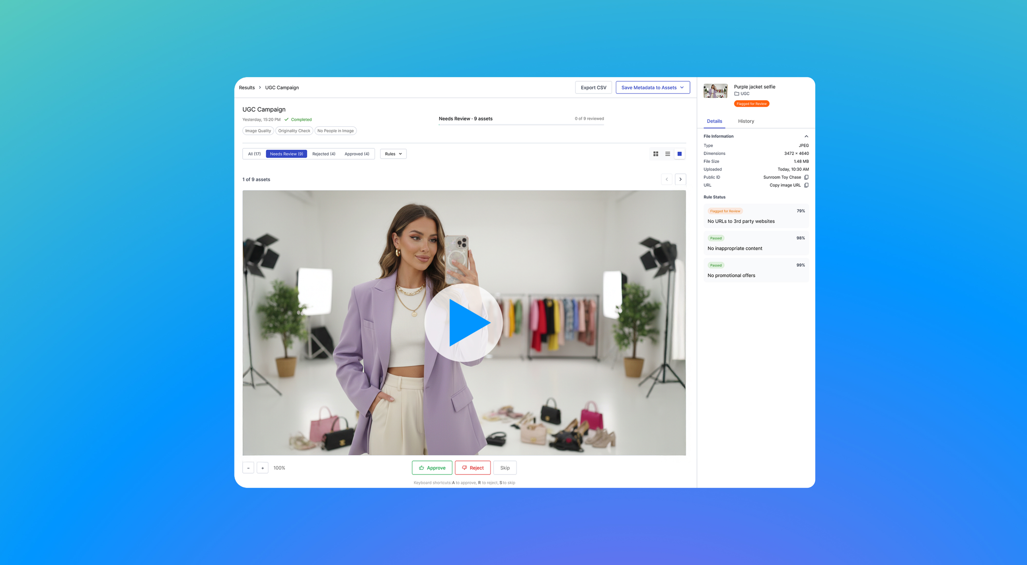 Image of a woman wearing a purple blazer and taking a selfie. The rule status shows it's flagged for review.