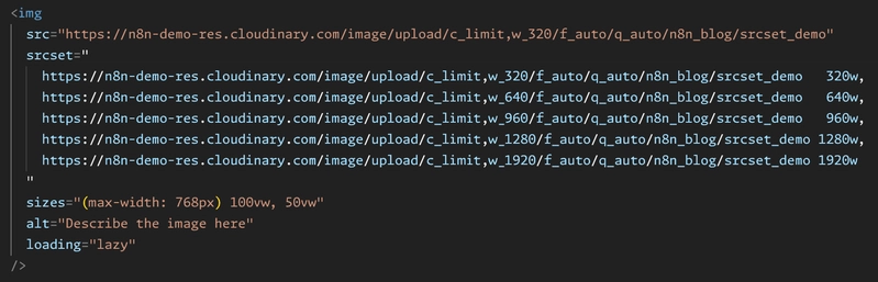 The Build srcset HTML node output, showing the generated img srcset markup.
