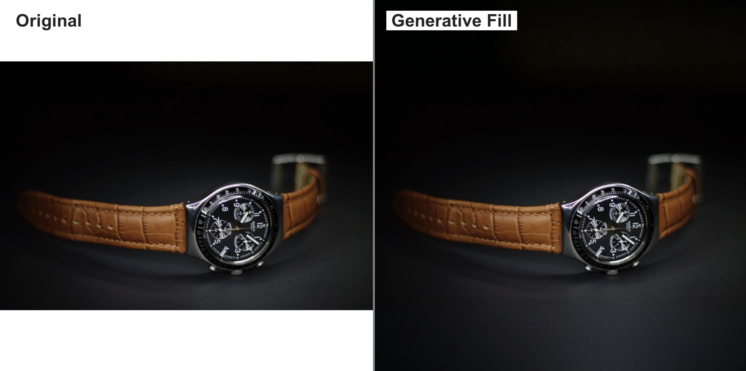 An off-center product photo on the left, the square AI-filled result on the right.