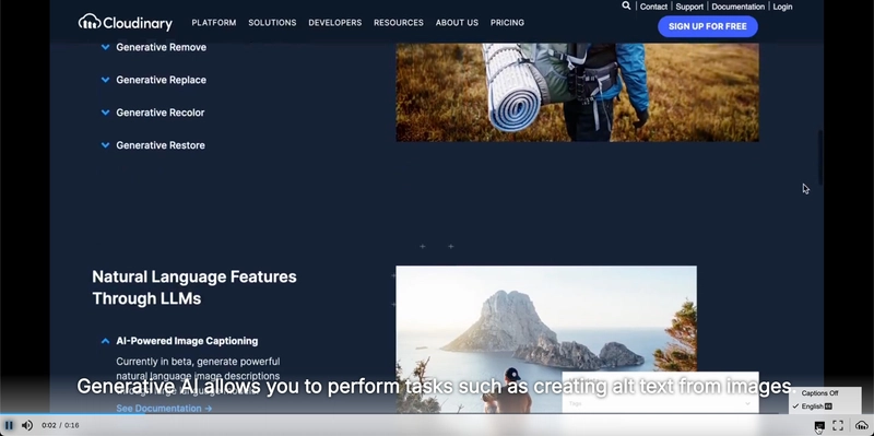The player with the auto-generated captions toggled on and the language menu open.