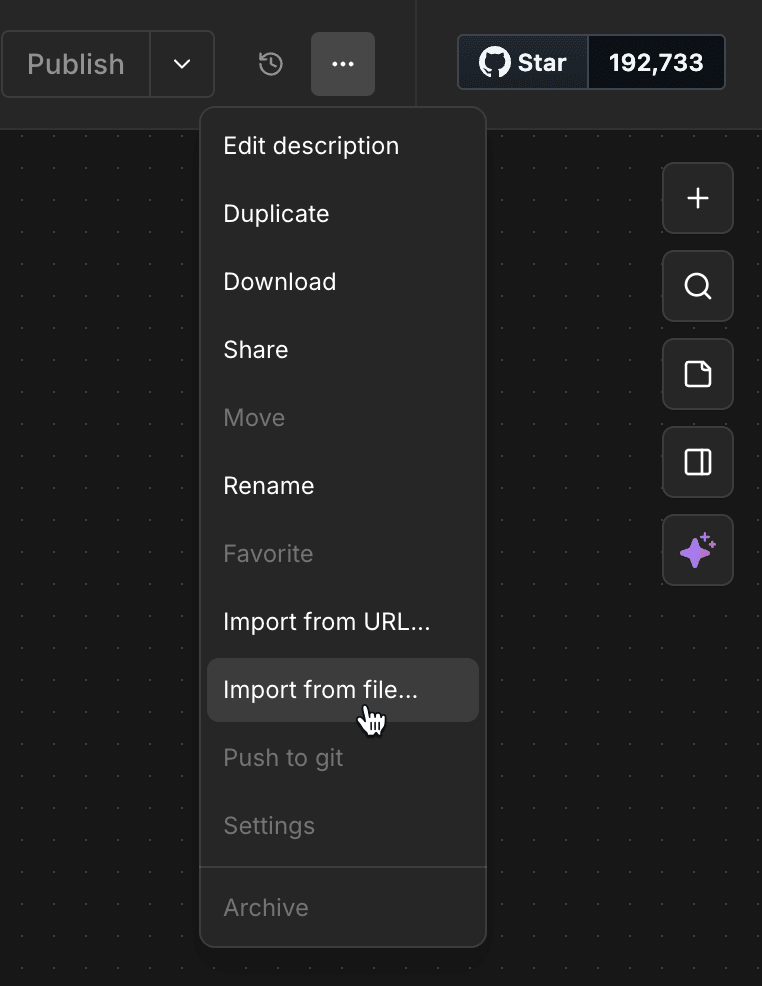 The workflow ⋯ menu open, with Import from File… highlighted.