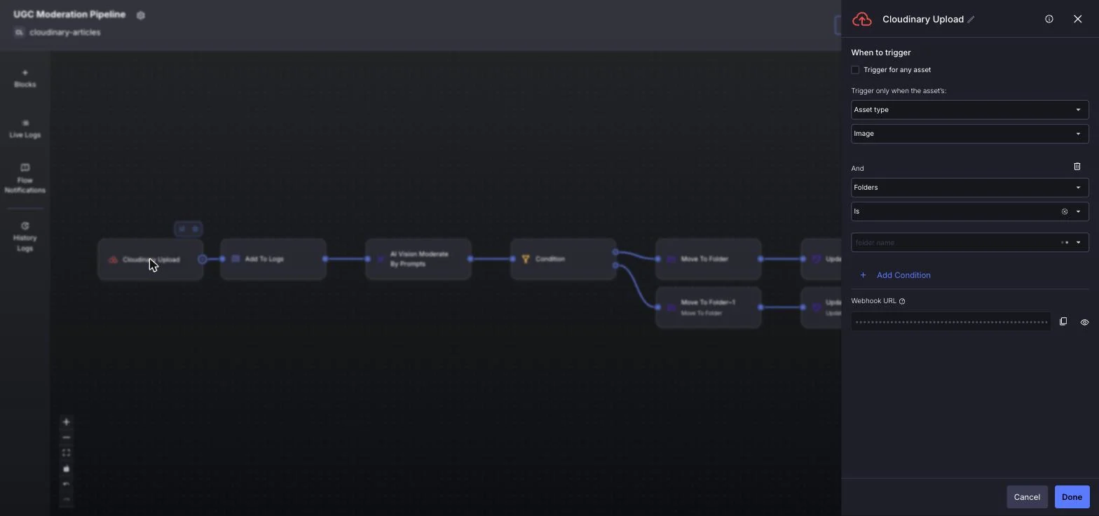 Cloudinary Upload trigger configured for the ugc folder