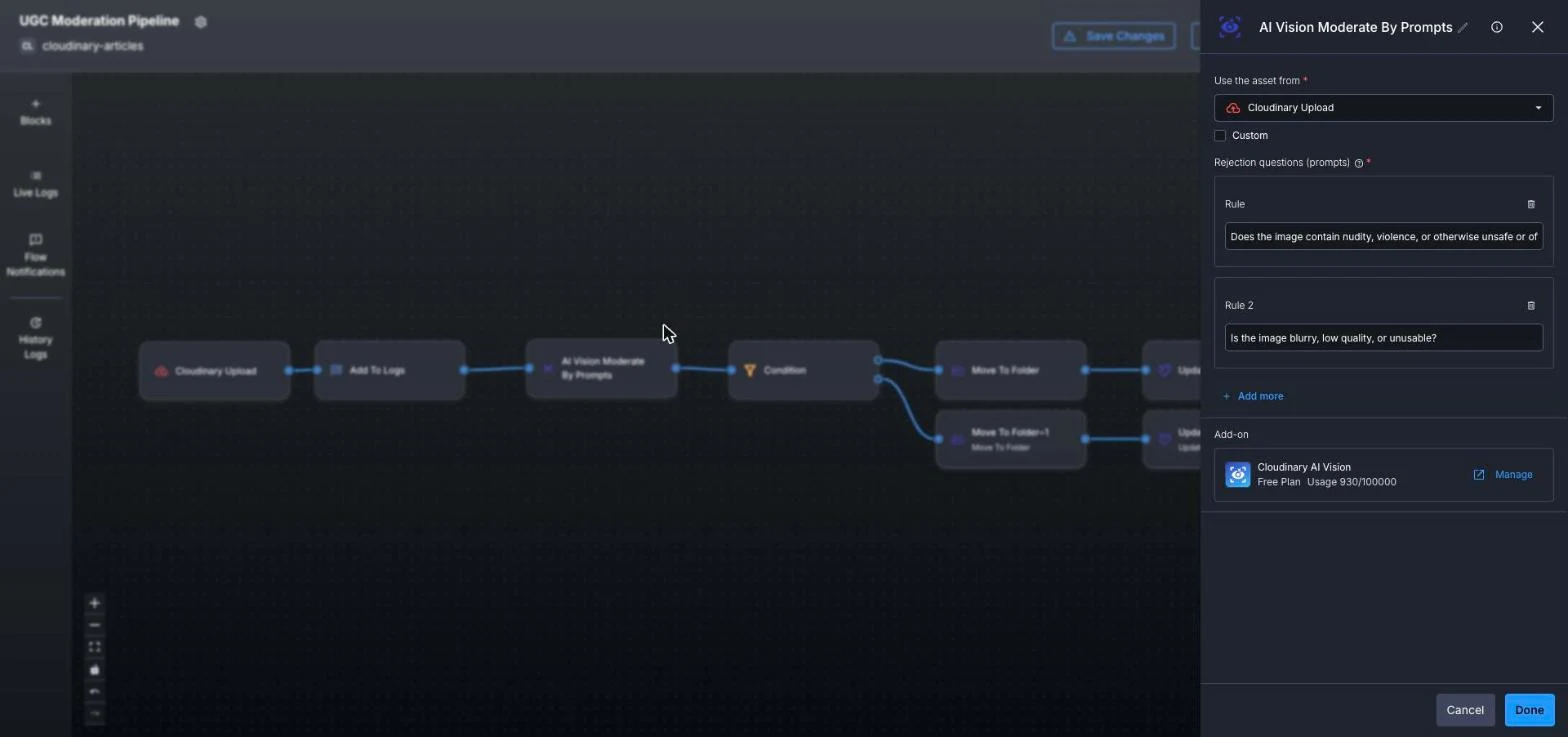 AI Vision Moderate by Prompts block with rules