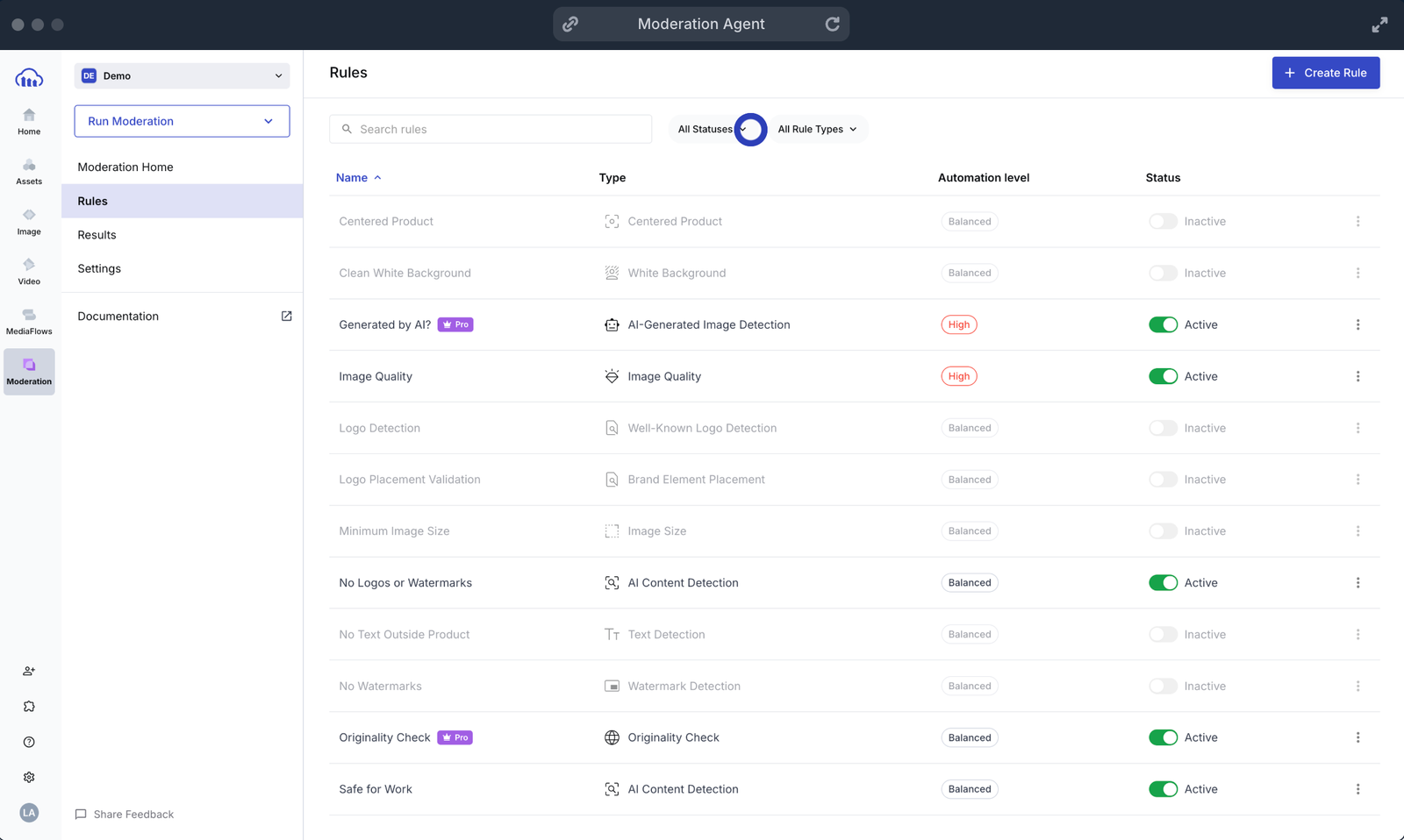 A digital assets management interface showing multiple rules configured for automated moderation.
