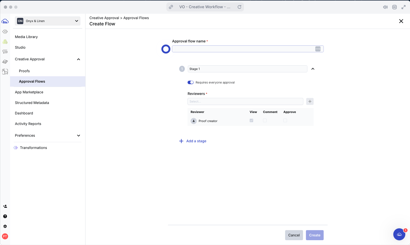 Interface to create an approval flow showing ways to setup a flow, approvers, and stages.