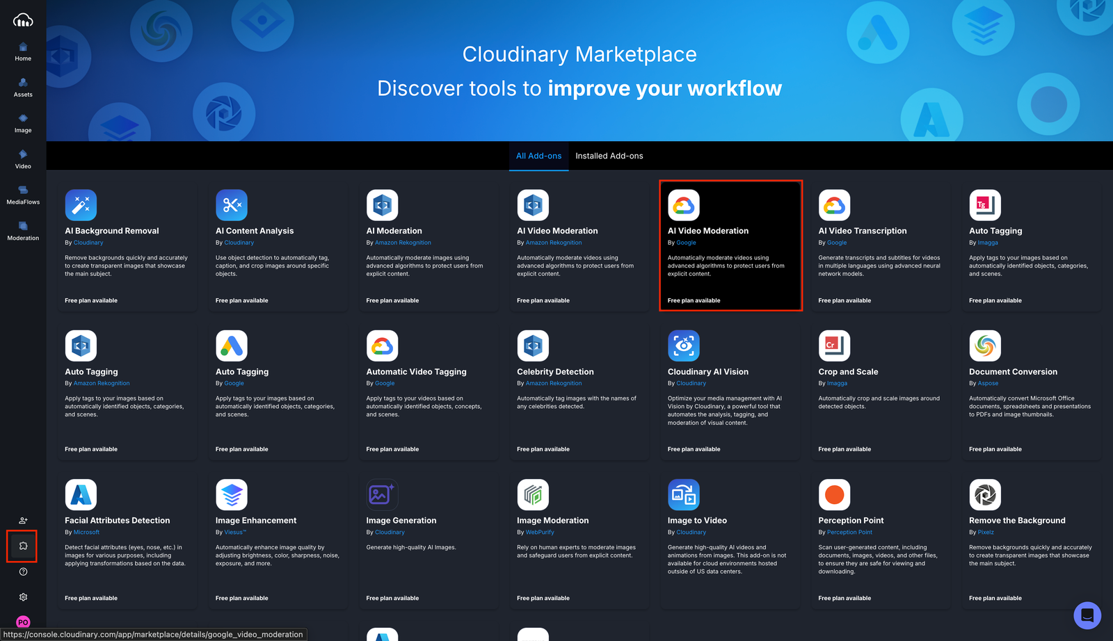 Cloudinary Add-ons page
