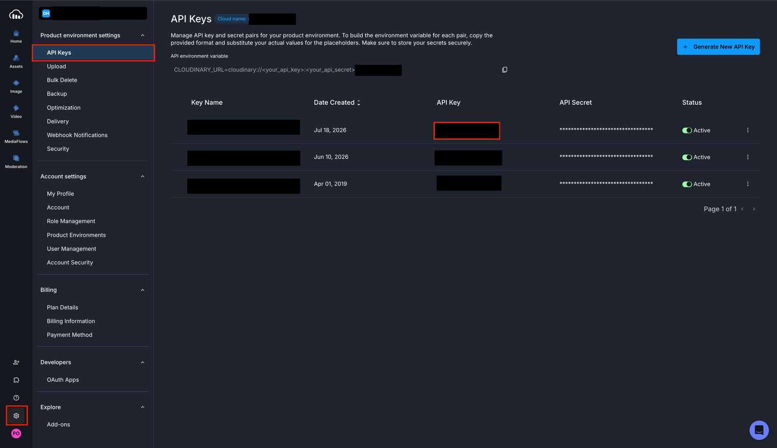 Cloudinary settings page