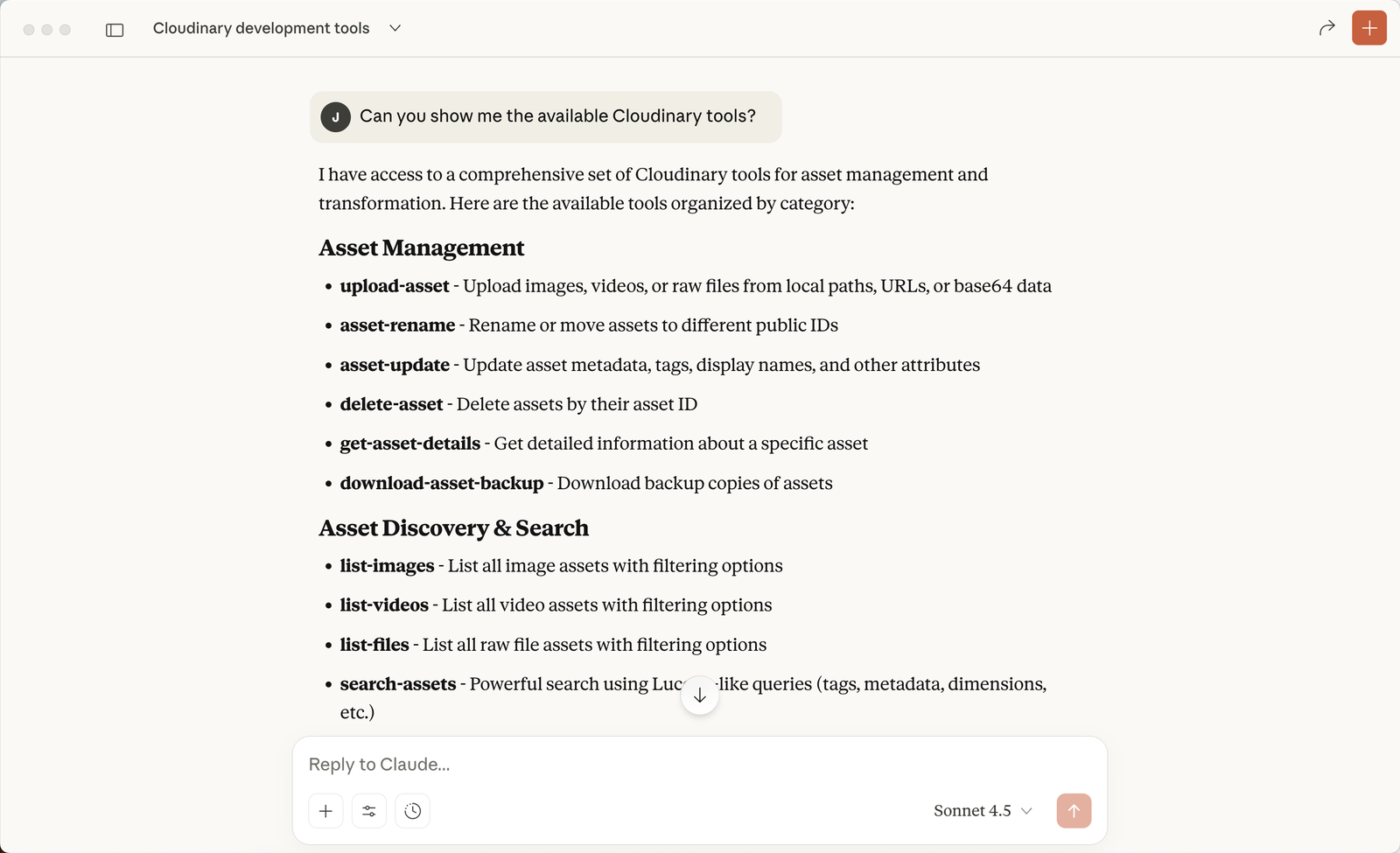 Claude listing the available Cloudinary MCP tools in response to the test prompt